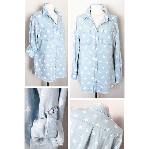 Light Blue Stars Cotton Fray Hem Button Up Shirt - Picture 3 of 8